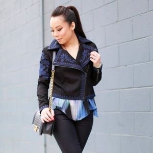 Marchesa Voyage black jacket with blue embroidery